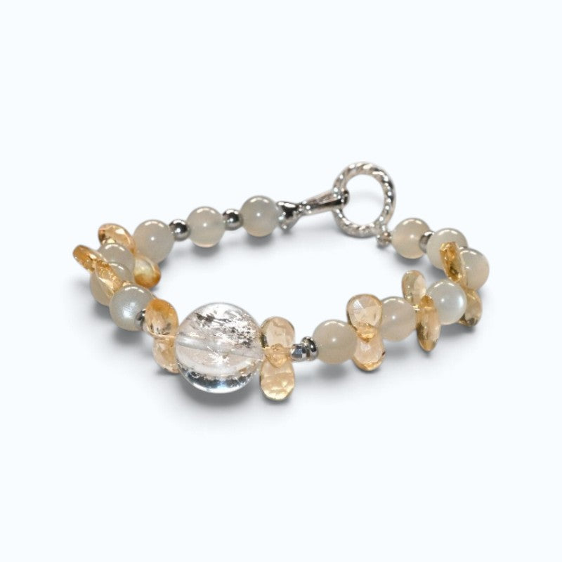 Rainbow Clear Quartz Charm +Green Moonstone Quartz  w/ Citrine Bracelet
