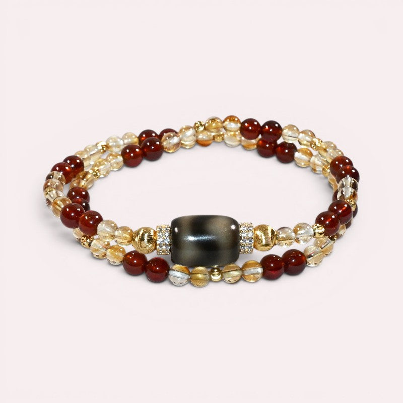 Tiger Tooth Dzi Bead + Garnet w/ Citrine Dual-Loop Bracelet