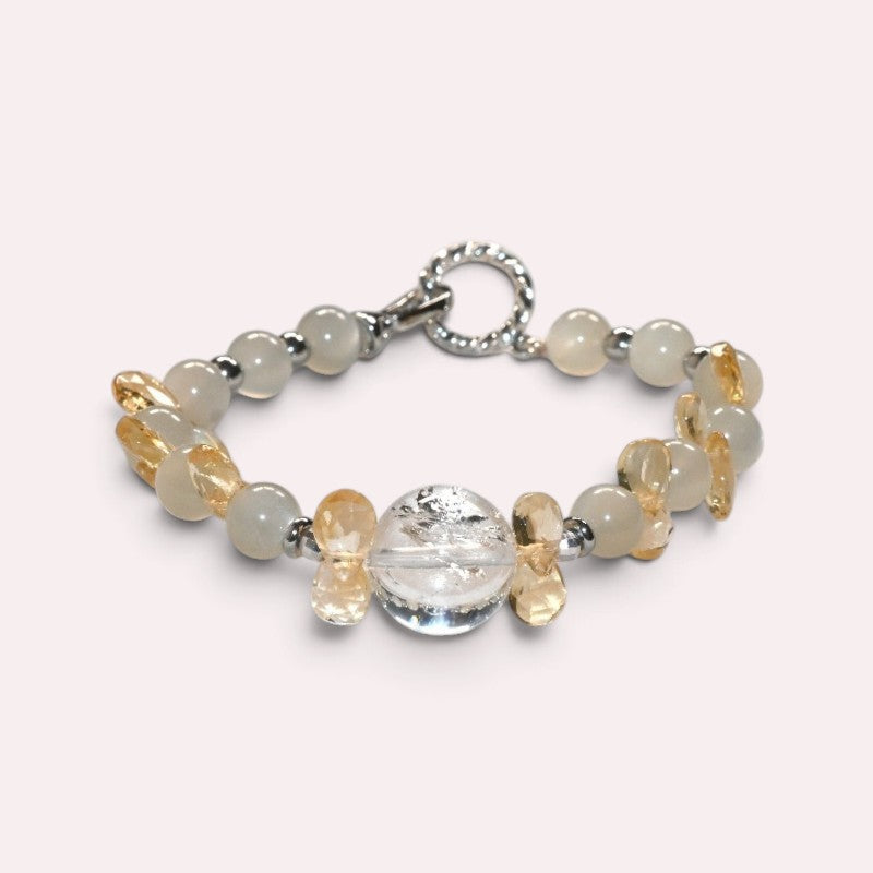 Rainbow Clear Quartz Charm +Green Moonstone Quartz  w/ Citrine Bracelet
