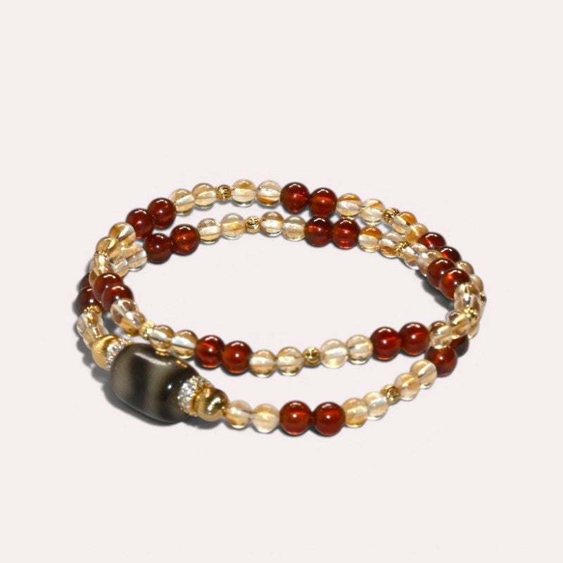 Tiger Tooth Dzi Bead + Garnet w/ Citrine Dual-Loop Bracelet