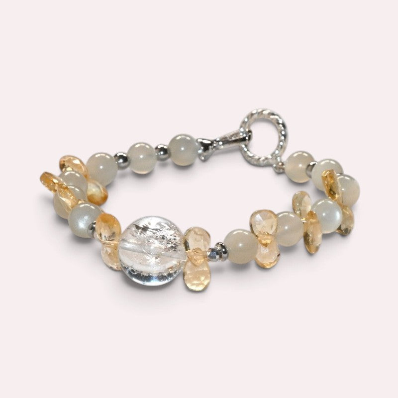 Rainbow Clear Quartz Charm +Green Moonstone Quartz  w/ Citrine Bracelet