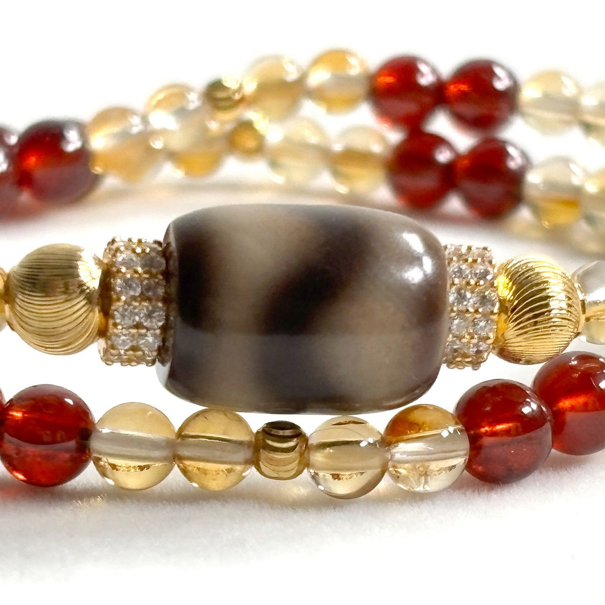 Tiger Tooth Dzi Bead + Garnet w/ Citrine Dual-Loop Bracelet