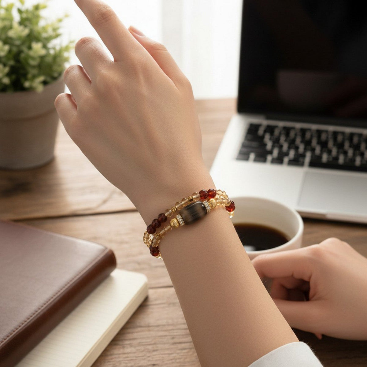 Tiger Tooth Dzi Bead + Garnet w/ Citrine Dual-Loop Bracelet