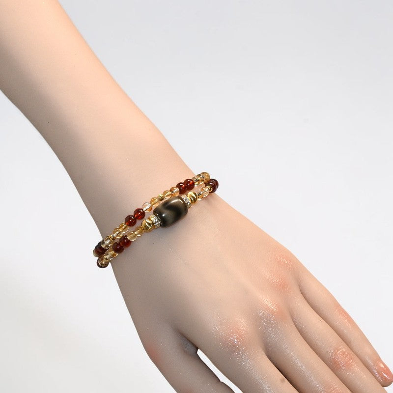 Tiger Tooth Dzi Bead + Garnet w/ Citrine Dual-Loop Bracelet