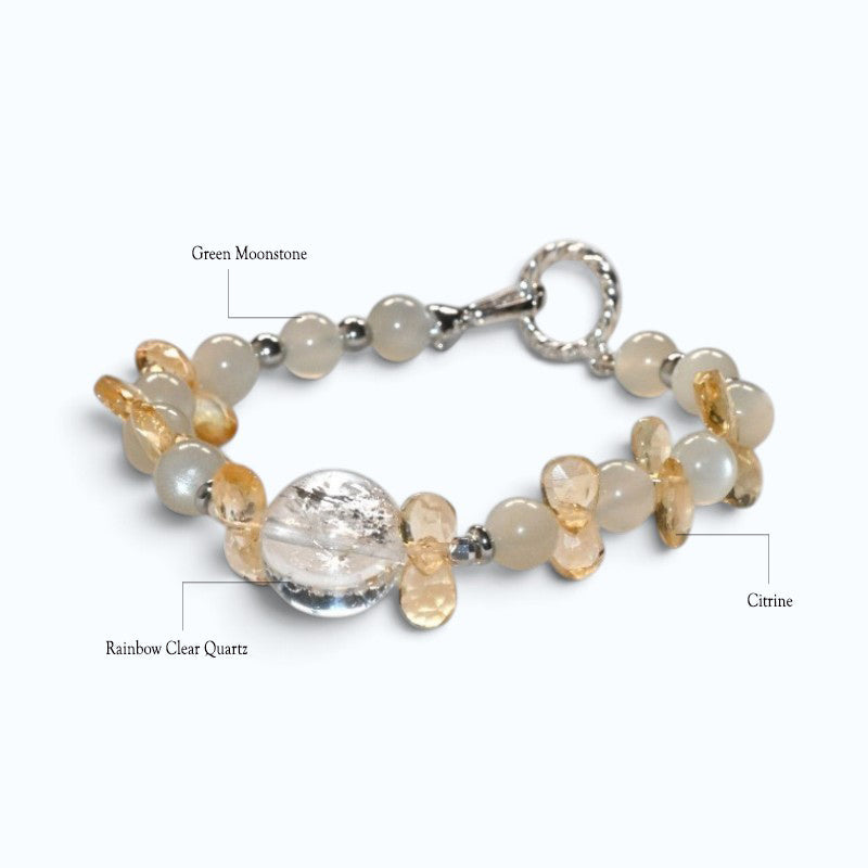 Rainbow Clear Quartz Charm +Green Moonstone Quartz  w/ Citrine Bracelet