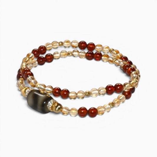 Tiger Tooth Dzi Bead + Garnet w/ Citrine Dual-Loop Bracelet
