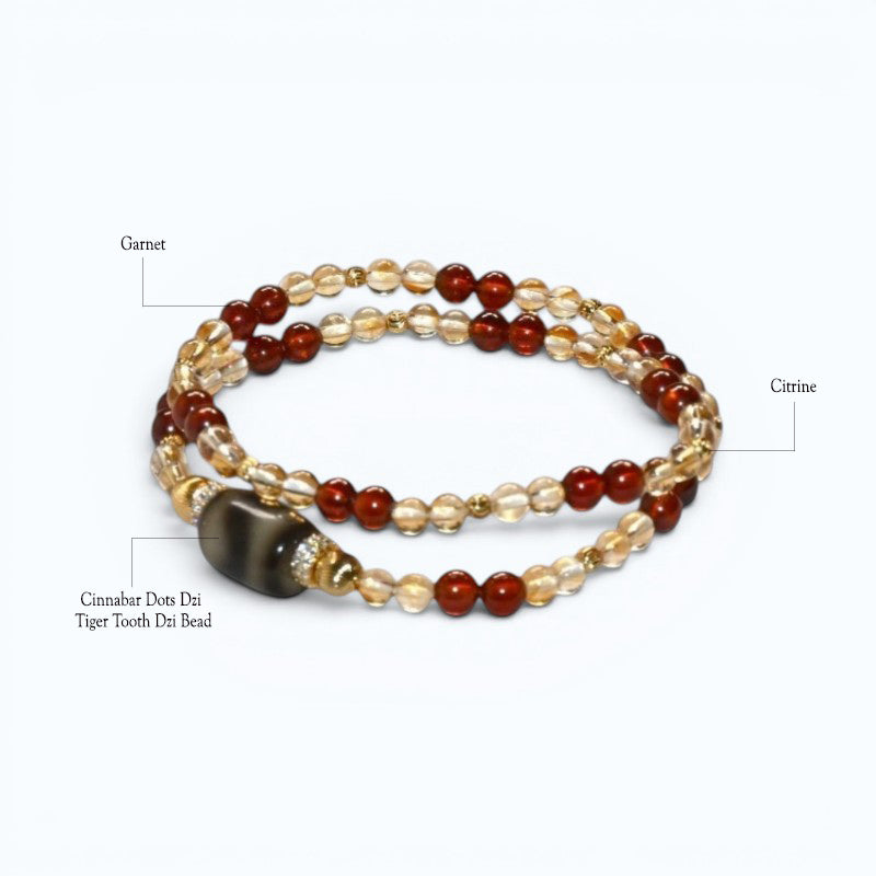 Tiger Tooth Dzi Bead + Garnet w/ Citrine Dual-Loop Bracelet