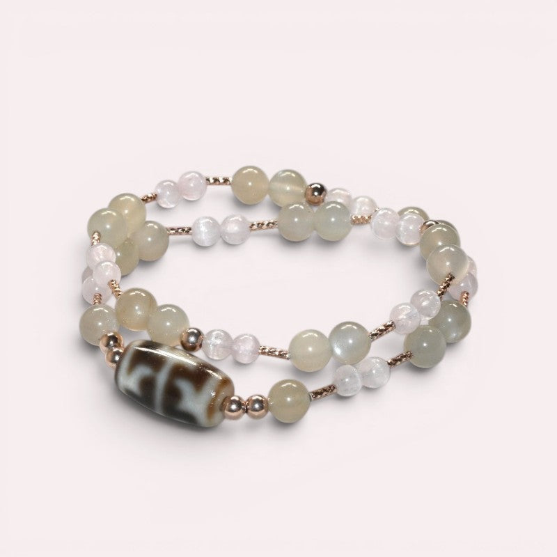 Wujie Boundless Dzi Bead + Green Moonstone w/ Kunzite Dual-Loop Bracelet