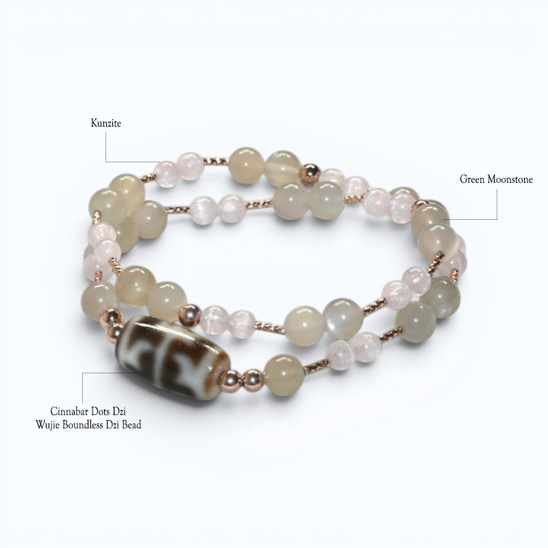 Wujie Boundless Dzi Bead + Green Moonstone w/ Kunzite Dual-Loop Bracelet