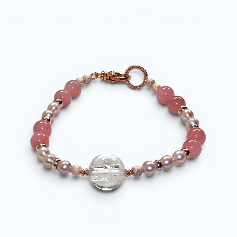 Rainbow Clear Quartz Charm +  Guava Quartz w/ Freshwater Pearl Bracelet