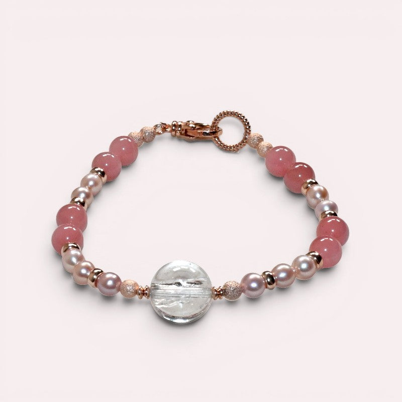 Rainbow Clear Quartz Charm +  Guava Quartz w/ Freshwater Pearl Bracelet