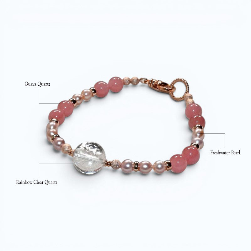 Rainbow Clear Quartz Charm +  Guava Quartz w/ Freshwater Pearl Bracelet