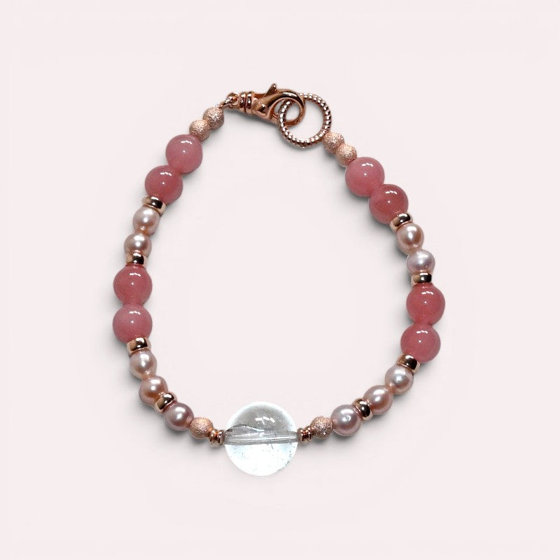 Rainbow Clear Quartz Charm +  Guava Quartz w/ Freshwater Pearl Bracelet