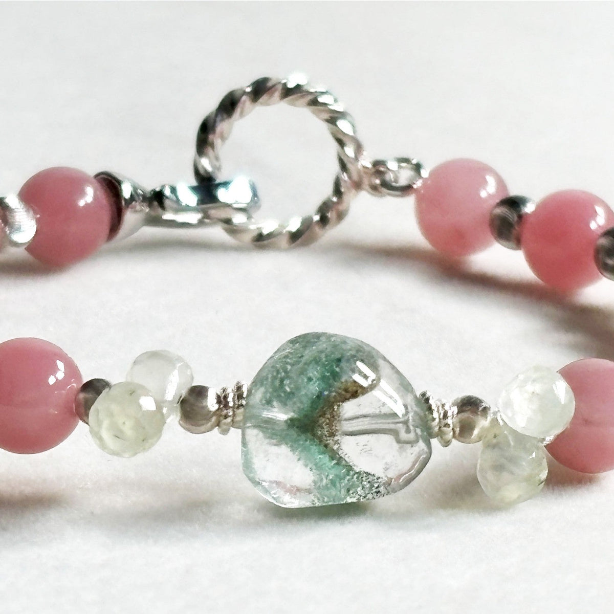 Green Phantom Quartz Charm +Guava Quartz  w/ Prehnite Bracelet