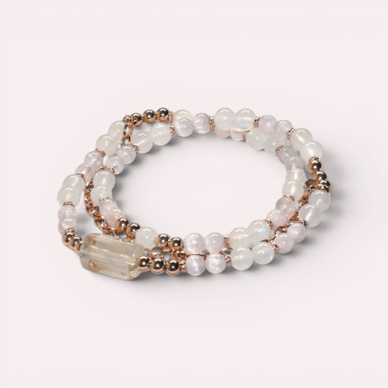 White Phantom Quartz Charm + Moonstone w/ kunzite Dual- Loop Bracelet