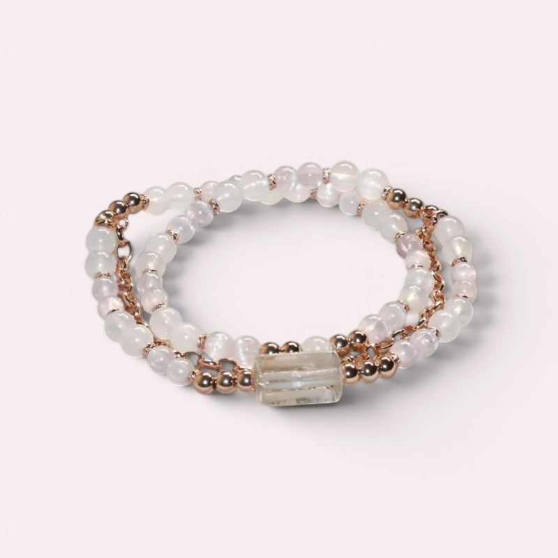 White Phantom Quartz Charm + Moonstone w/ kunzite Dual- Loop Bracelet