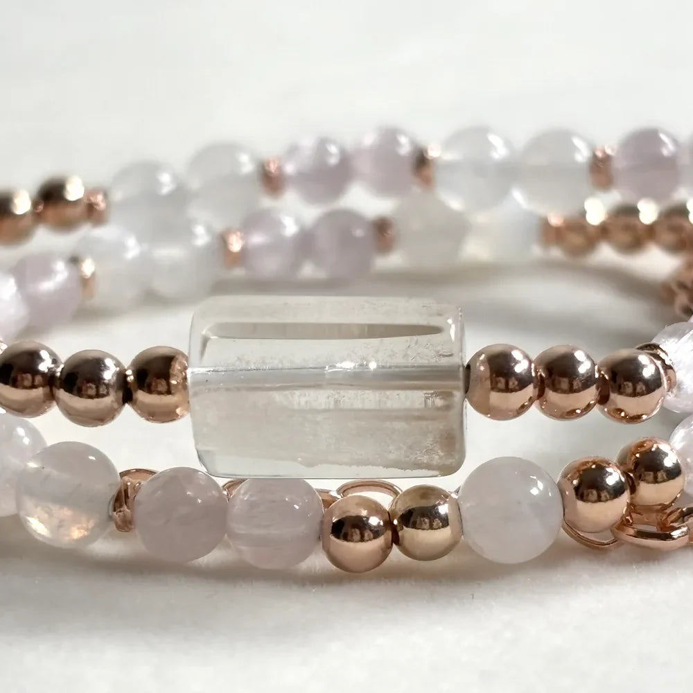 White Phantom Quartz Charm + Moonstone w/ kunzite Dual- Loop Bracelet