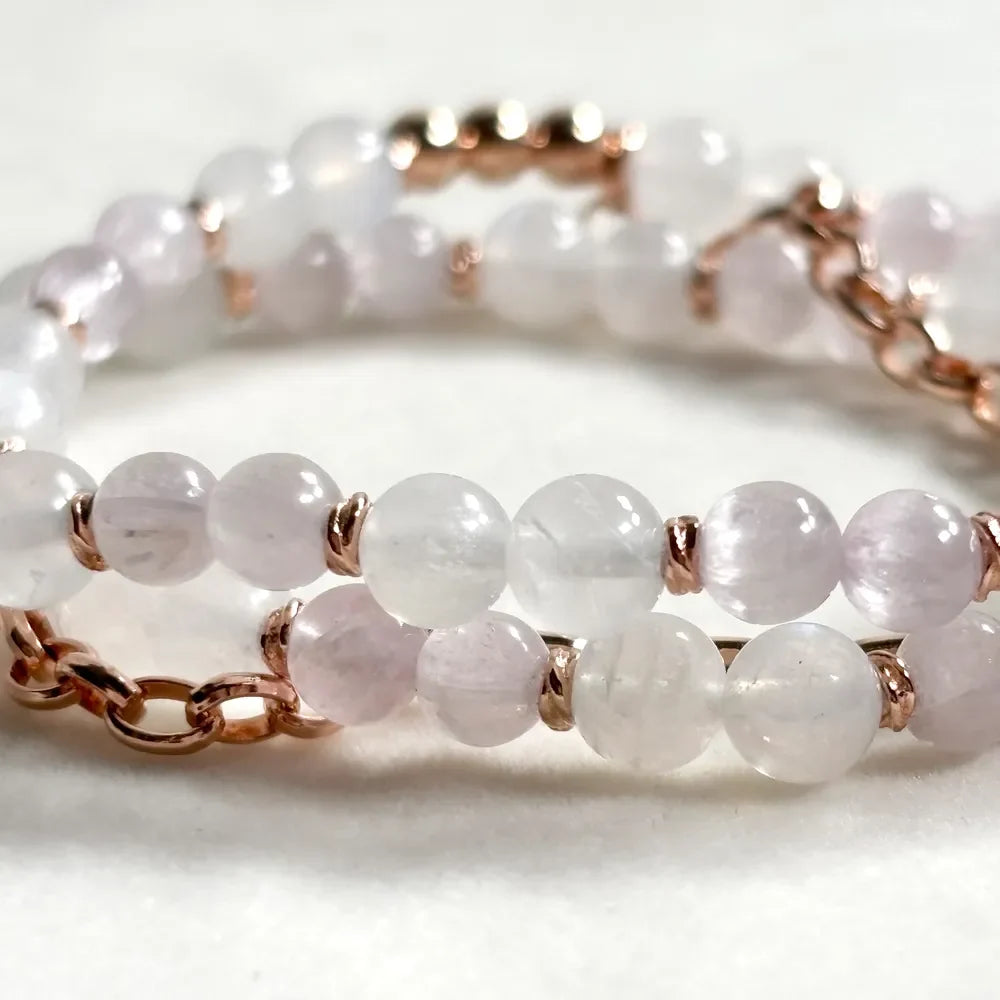 White Phantom Quartz Charm + Moonstone w/ kunzite Dual- Loop Bracelet