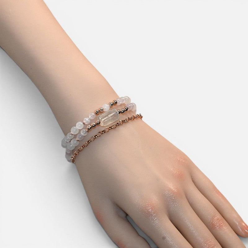 White Phantom Quartz Charm + Moonstone w/ kunzite Dual- Loop Bracelet
