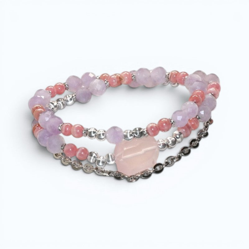 Rose Quartz Charm + Lavender Quartz w/ Rhodochrosite Dual- Loop Bracelet