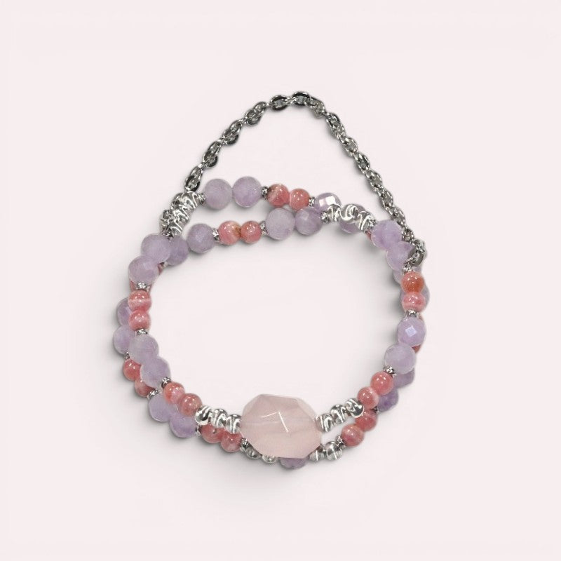 Rose Quartz Charm + Lavender Quartz w/ Rhodochrosite Dual- Loop Bracelet