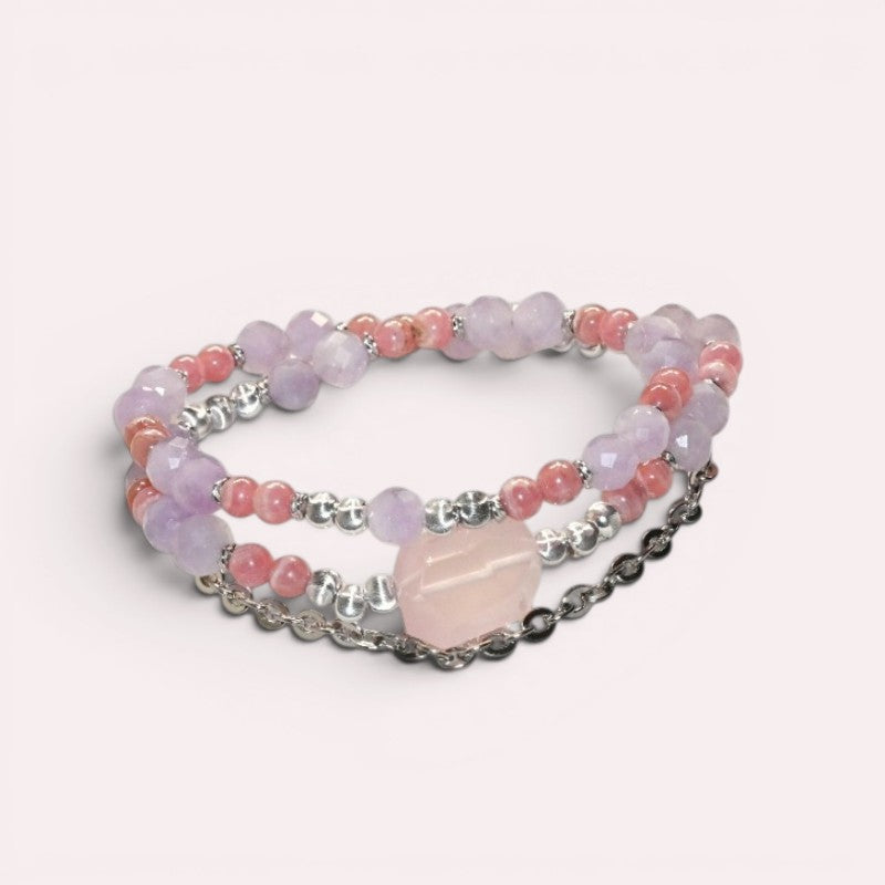 Rose Quartz Charm + Lavender Quartz w/ Rhodochrosite Dual- Loop Bracelet
