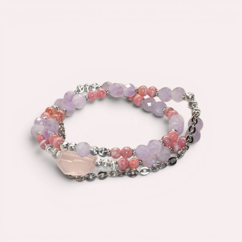 Rose Quartz Charm + Lavender Quartz w/ Rhodochrosite Dual- Loop Bracelet