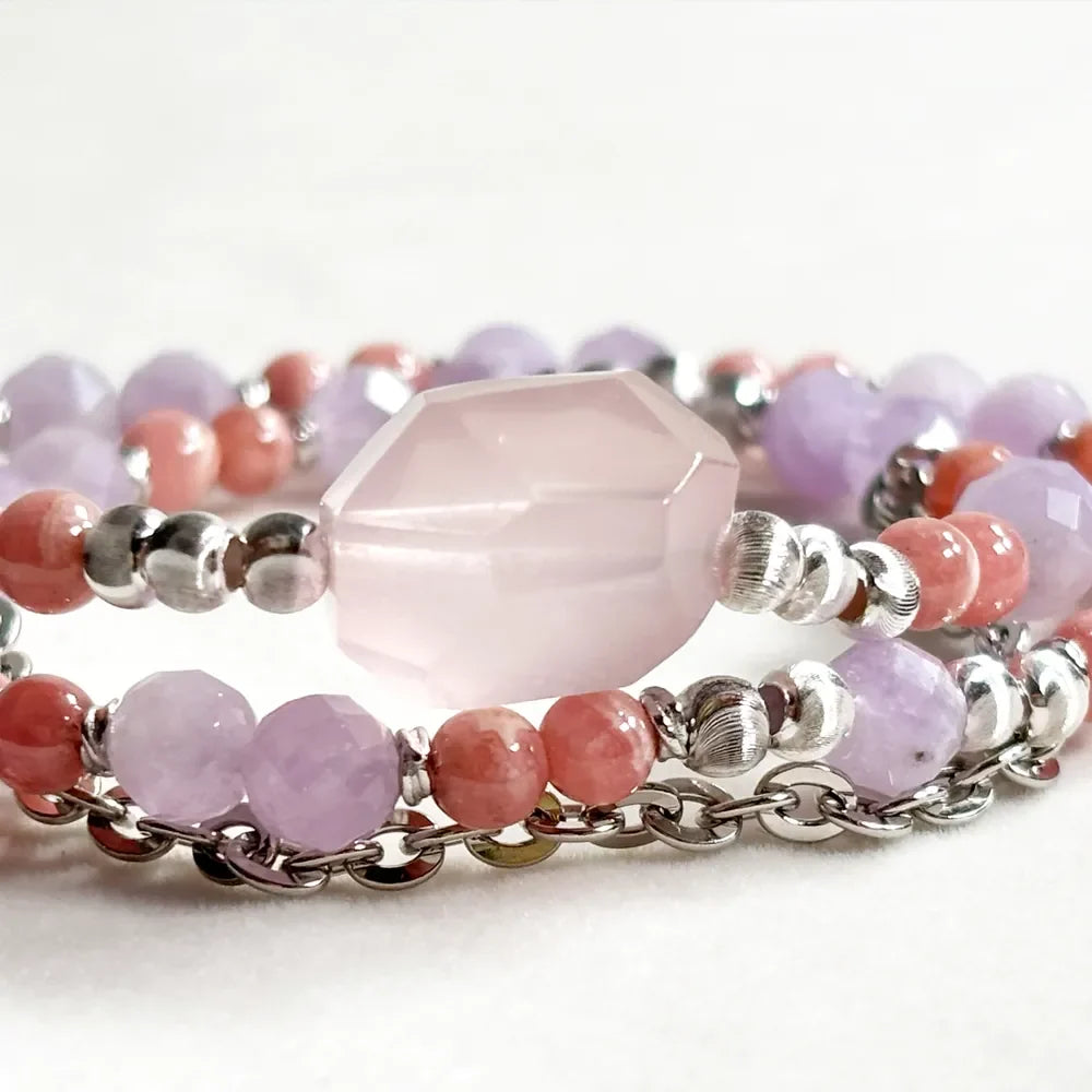 Rose Quartz Charm + Lavender Quartz w/ Rhodochrosite Dual- Loop Bracelet