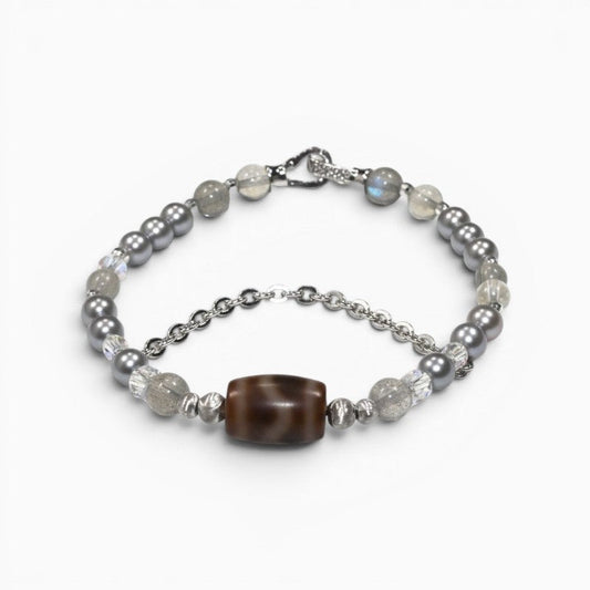 Horse Tooth Dzi Bead +  Grey Moonstone w/ Akoya Pearl Bangle