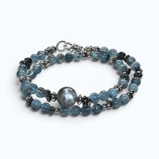 Black Sunstone w/ Devil Blue Aquamarine Dual -Loop Bracelet