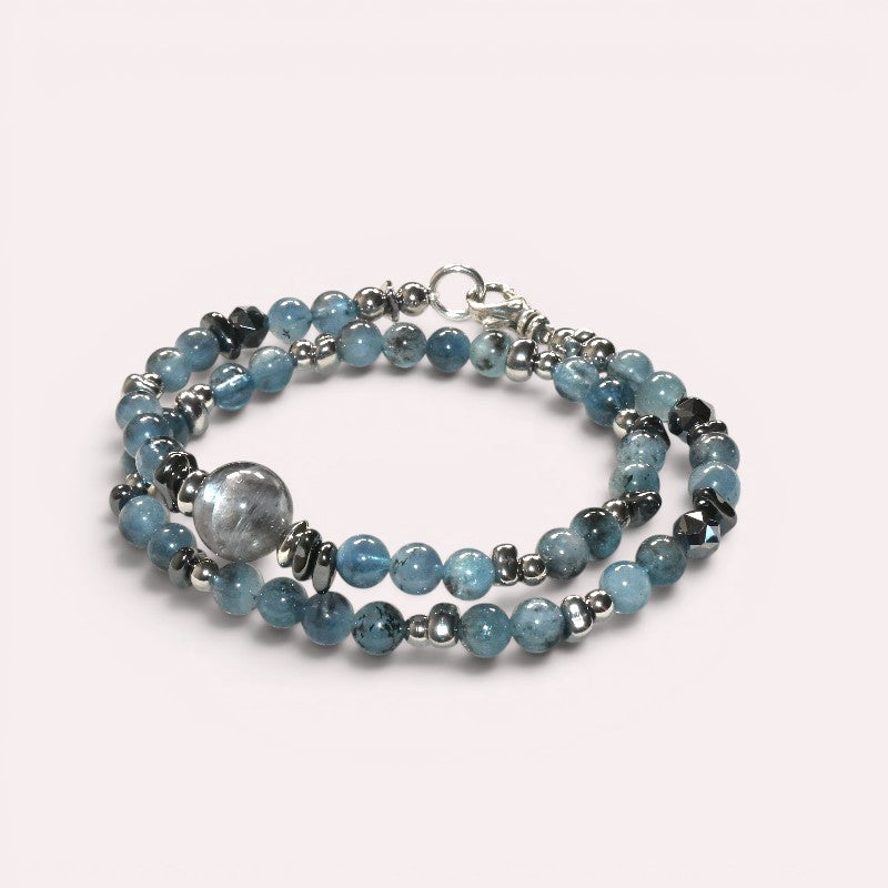 Black Sunstone w/ Devil Blue Aquamarine Dual -Loop Bracelet