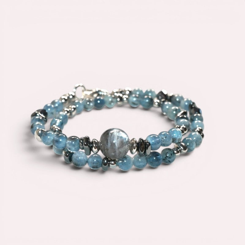 Black Sunstone w/ Devil Blue Aquamarine Dual -Loop Bracelet