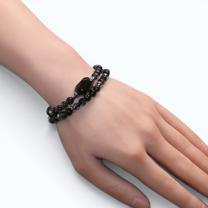 Blackgold Super Seven Quartz Charm w/ Black Skeletal Sunstone Dual -Loop Bracelet