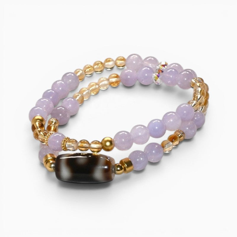 Special three Eye Dzi Bead + Lavender Quartz w/ Citrine Dual-Loop Bracelet