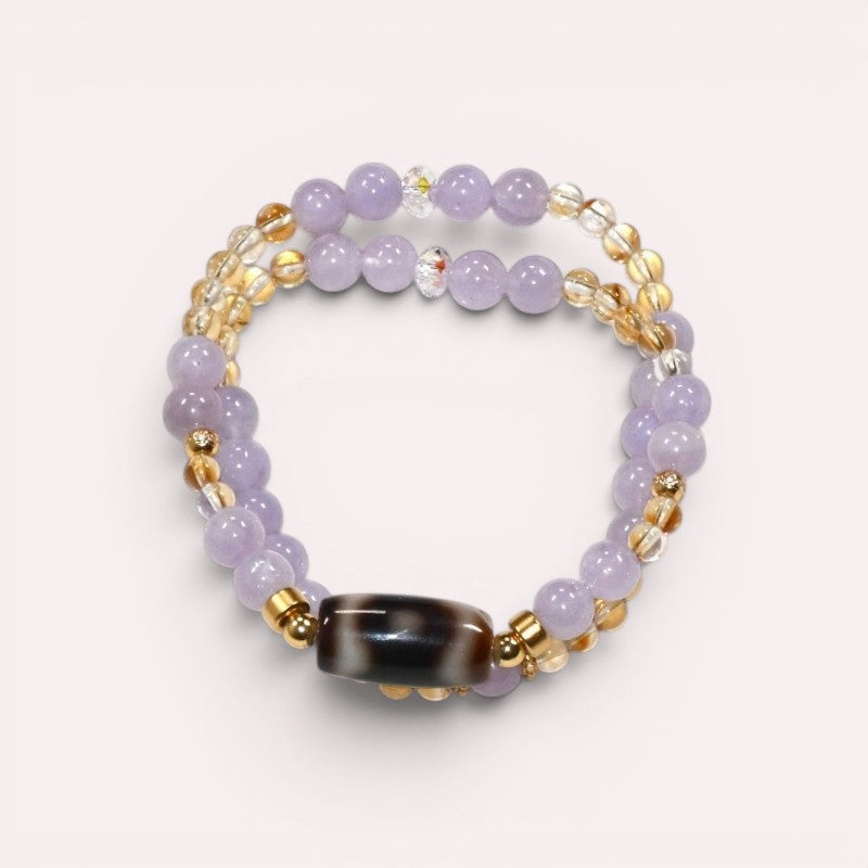Special three Eye Dzi Bead + Lavender Quartz w/ Citrine Dual-Loop Bracelet