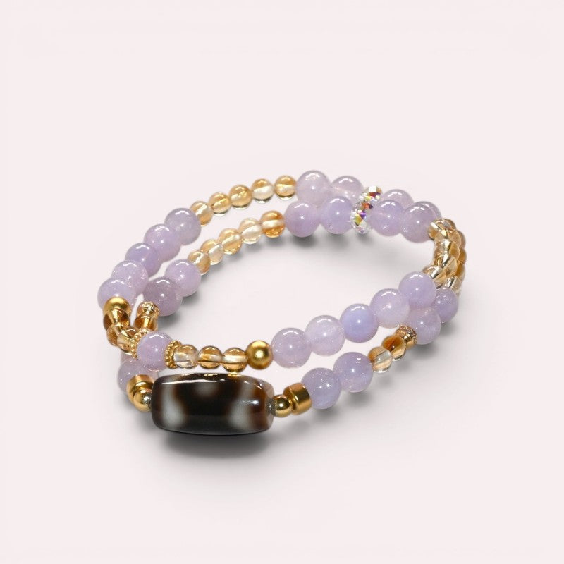 Special three Eye Dzi Bead + Lavender Quartz w/ Citrine Dual-Loop Bracelet