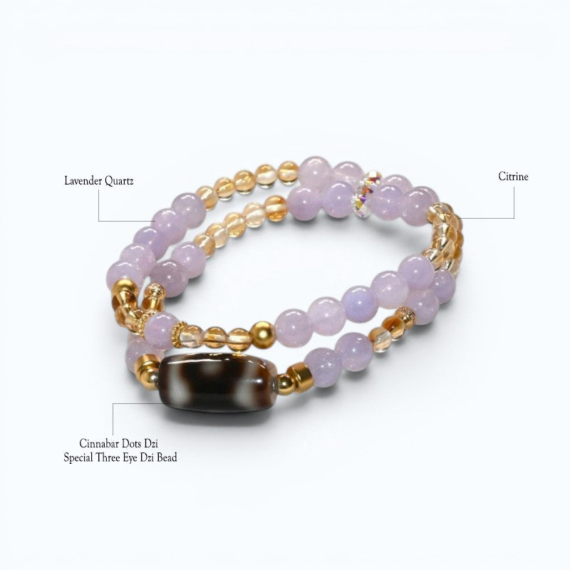 Special three Eye Dzi Bead + Lavender Quartz w/ Citrine Dual-Loop Bracelet