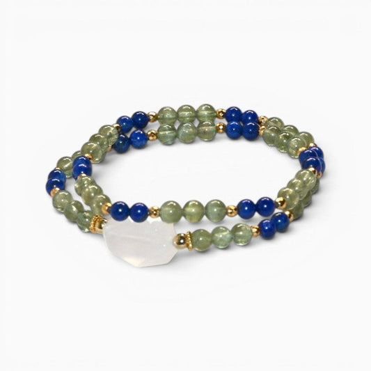 Moonstone Charm + Green Rutilated Tourmaline Quartz w/ Lapis Lazuli Dual- Loop Bracelet
