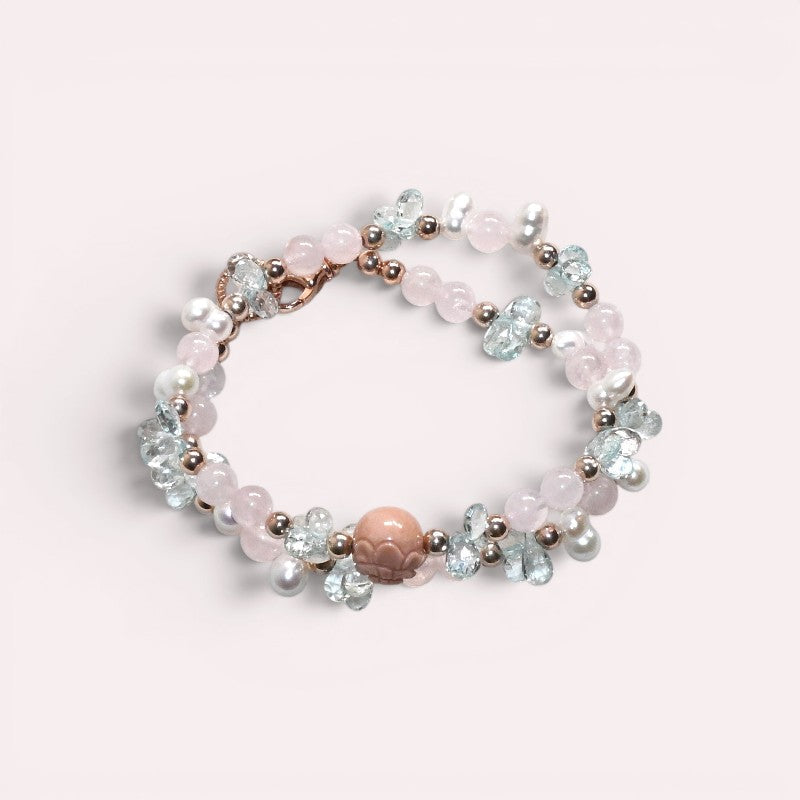 Alashan Agate Charm + Pink Morganite +Aquamarine w/ Freshwater Pearl Dual- Loop Bracelet