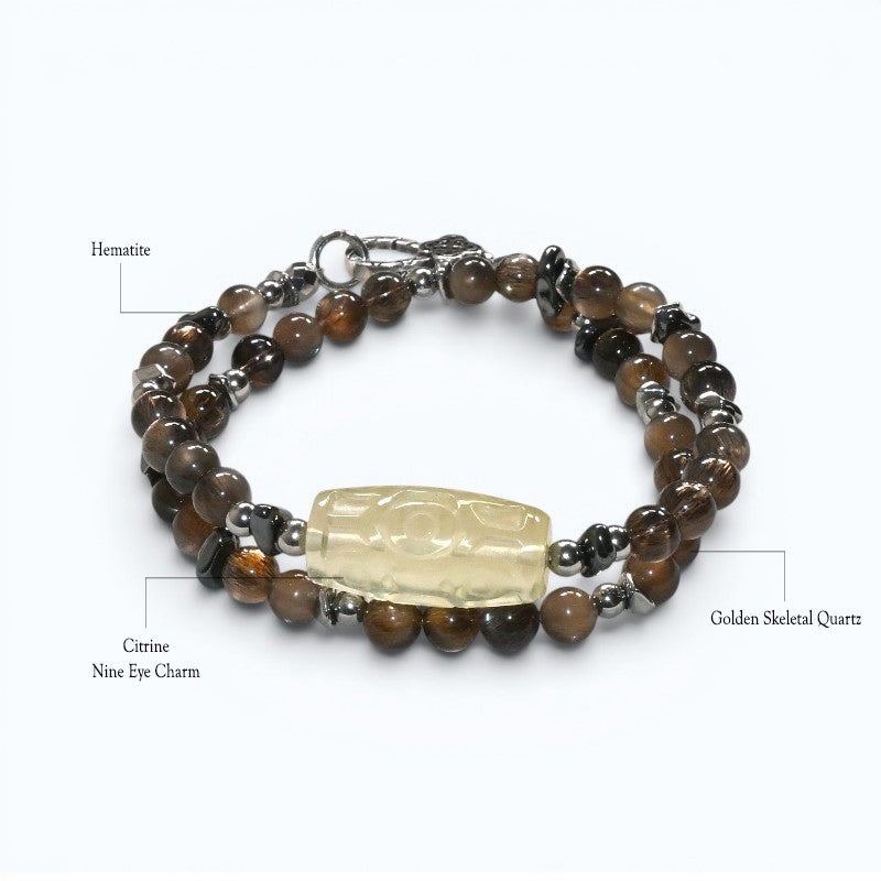 Nine Eye Citrine Charm w/ Golden Skeletal Sunstone Dual -Loop Bracelet