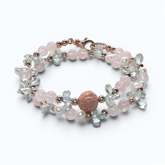 Alashan Agate Charm + Pink Morganite +Aquamarine w/ Freshwater Pearl Dual- Loop Bracelet