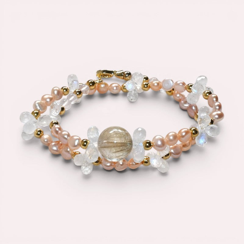 Golden Rutilated Quartz Charm + Mozambique Rose Quartz + Moonstone w/ Freshwater Pearl Dual- Loop Bracelet