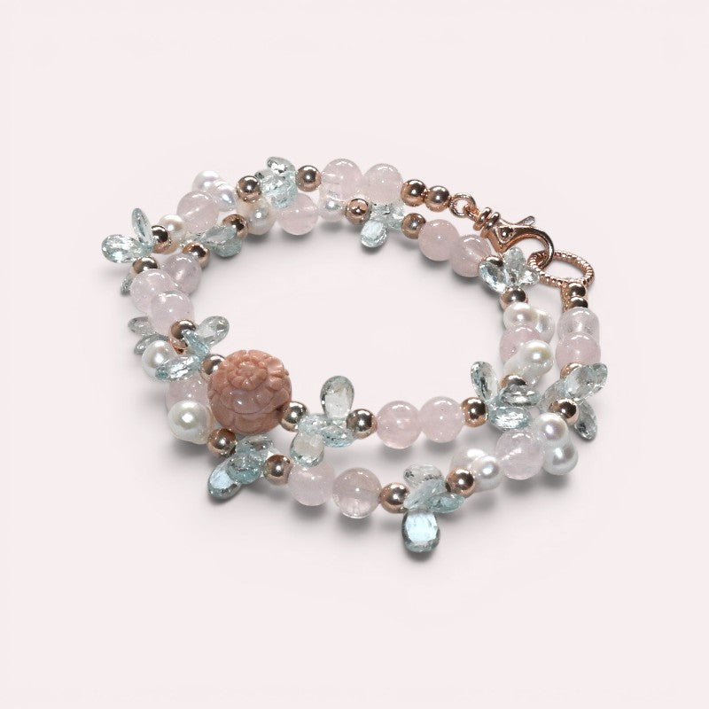Alashan Agate Charm + Pink Morganite +Aquamarine w/ Freshwater Pearl Dual- Loop Bracelet