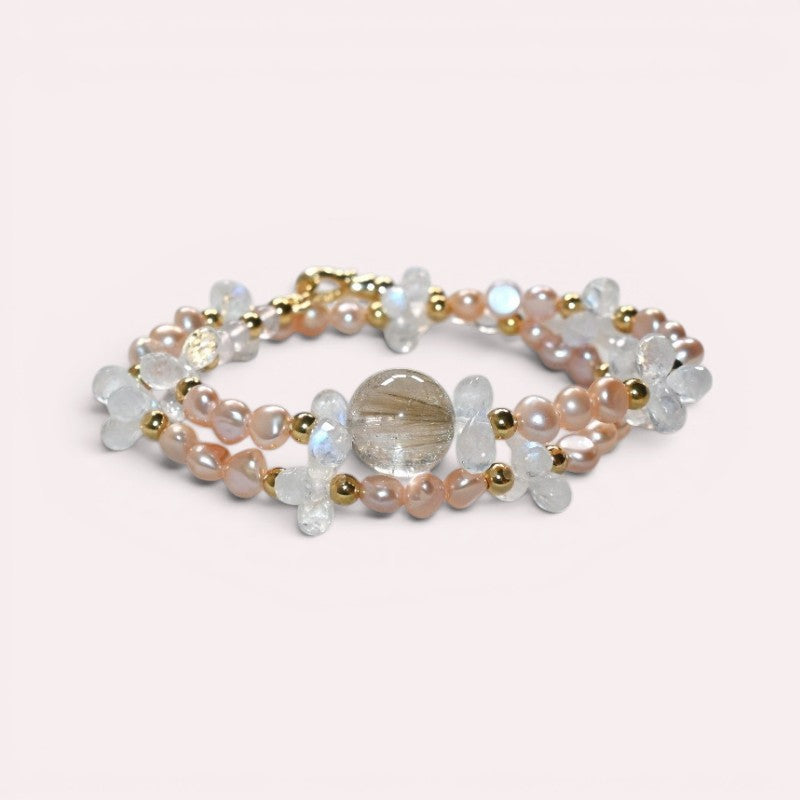 Golden Rutilated Quartz Charm + Mozambique Rose Quartz + Moonstone w/ Freshwater Pearl Dual- Loop Bracelet