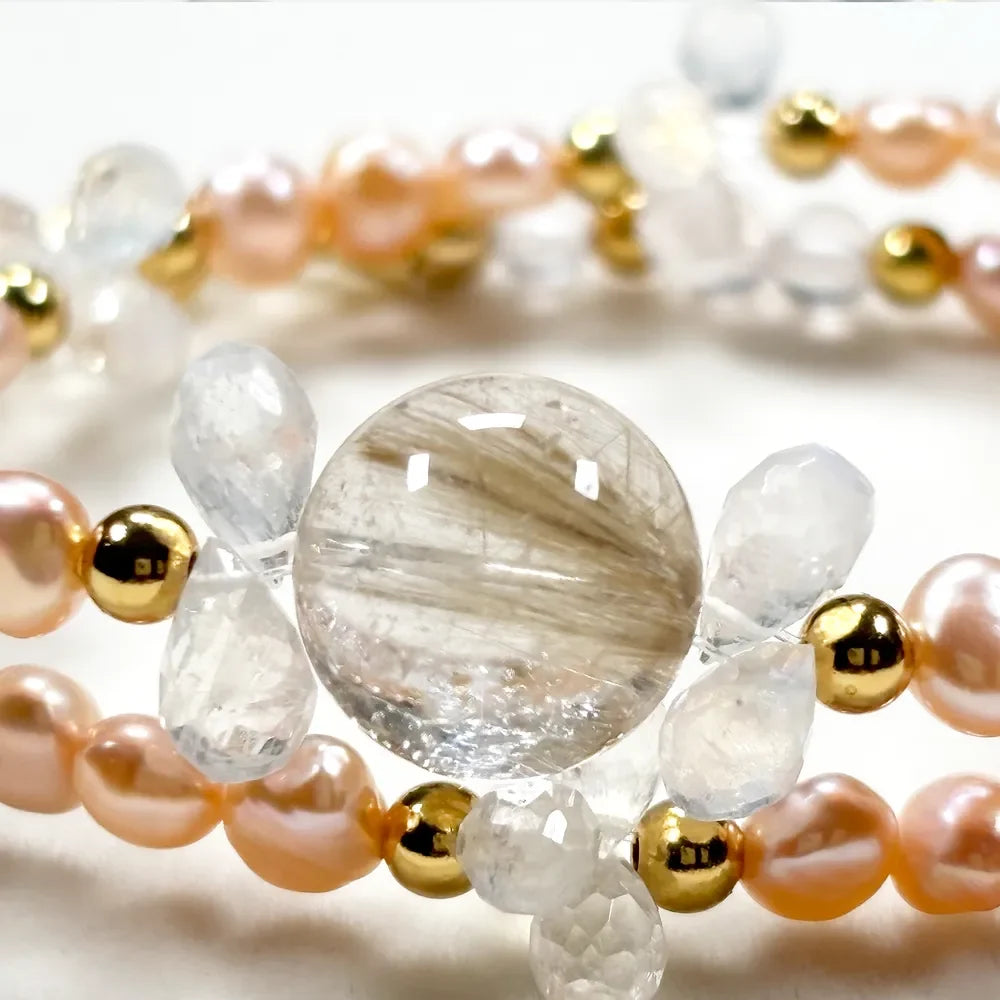 Golden Rutilated Quartz Charm + Mozambique Rose Quartz + Moonstone w/ Freshwater Pearl Dual- Loop Bracelet