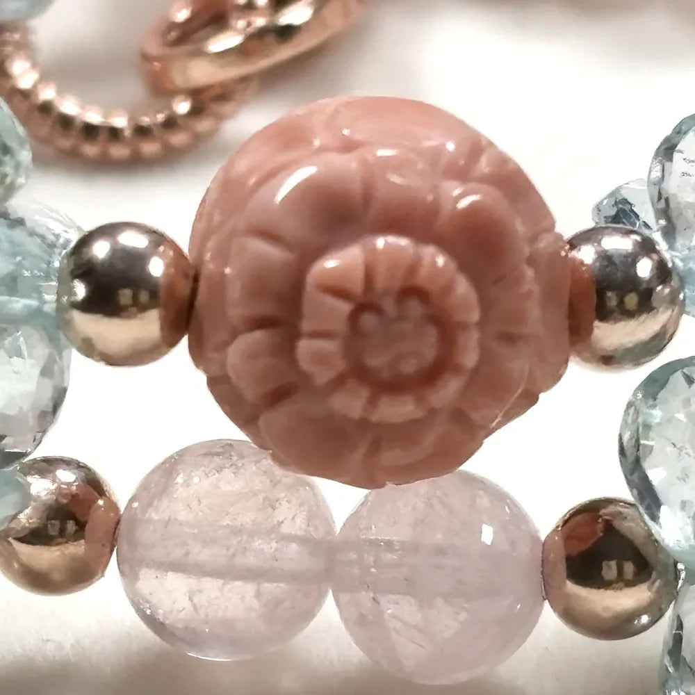 Alashan Agate Charm + Pink Morganite +Aquamarine w/ Freshwater Pearl Dual- Loop Bracelet