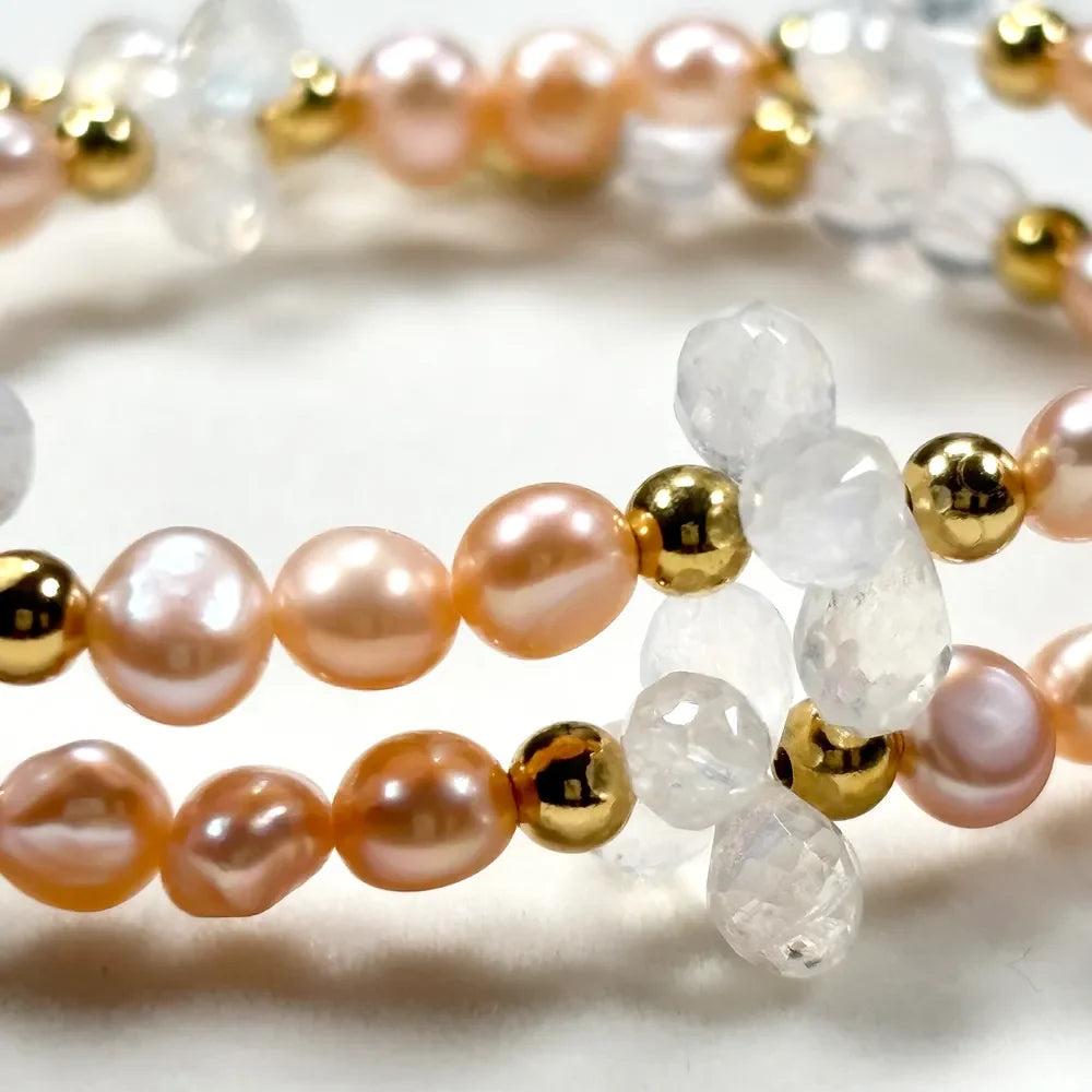Golden Rutilated Quartz Charm + Mozambique Rose Quartz + Moonstone w/ Freshwater Pearl Dual- Loop Bracelet