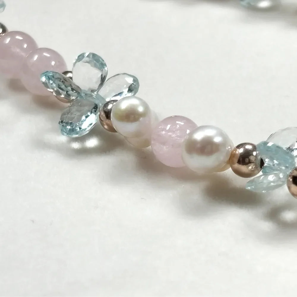 Alashan Agate Charm + Pink Morganite +Aquamarine w/ Freshwater Pearl Dual- Loop Bracelet