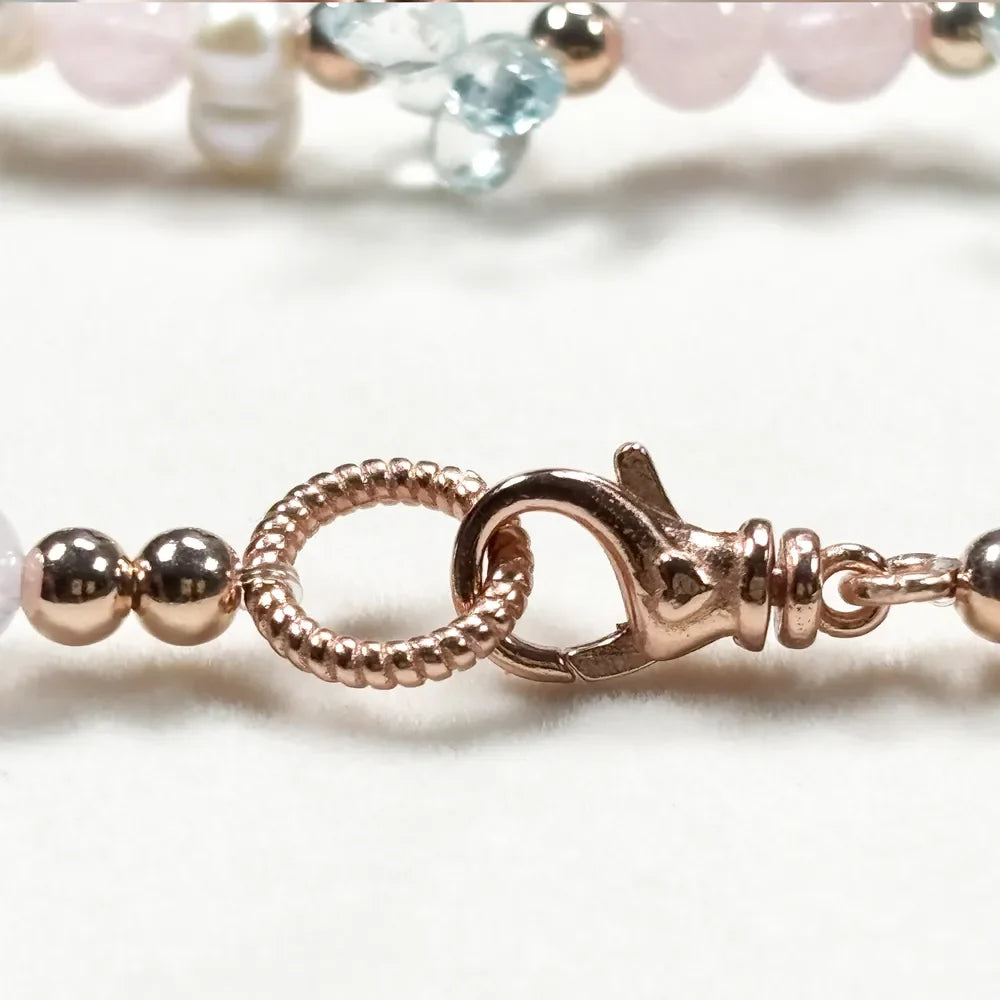 Alashan Agate Charm + Pink Morganite +Aquamarine w/ Freshwater Pearl Dual- Loop Bracelet