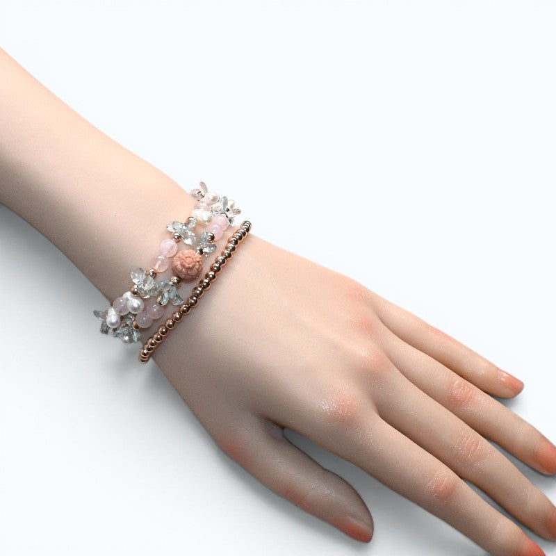 Alashan Agate Charm + Pink Morganite +Aquamarine w/ Freshwater Pearl Dual- Loop Bracelet